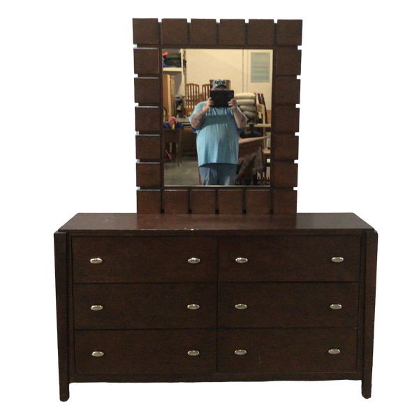 Dark Six Drawer Dresser With Mirror
