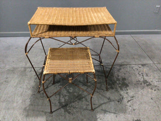 Wicker and Metal Table with Stool