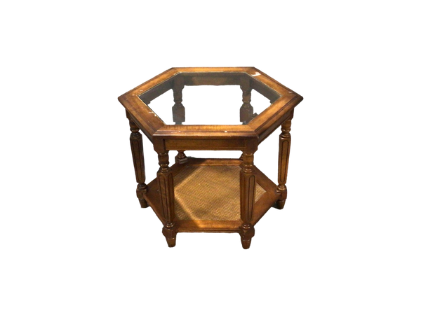 Hexagon Wood Glass Top Side Table